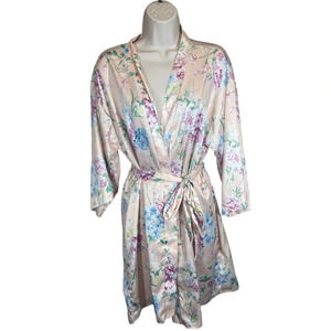 Flora Nikrooz pastel floral kimono satin robe women’s M/L bridal hydrangea print